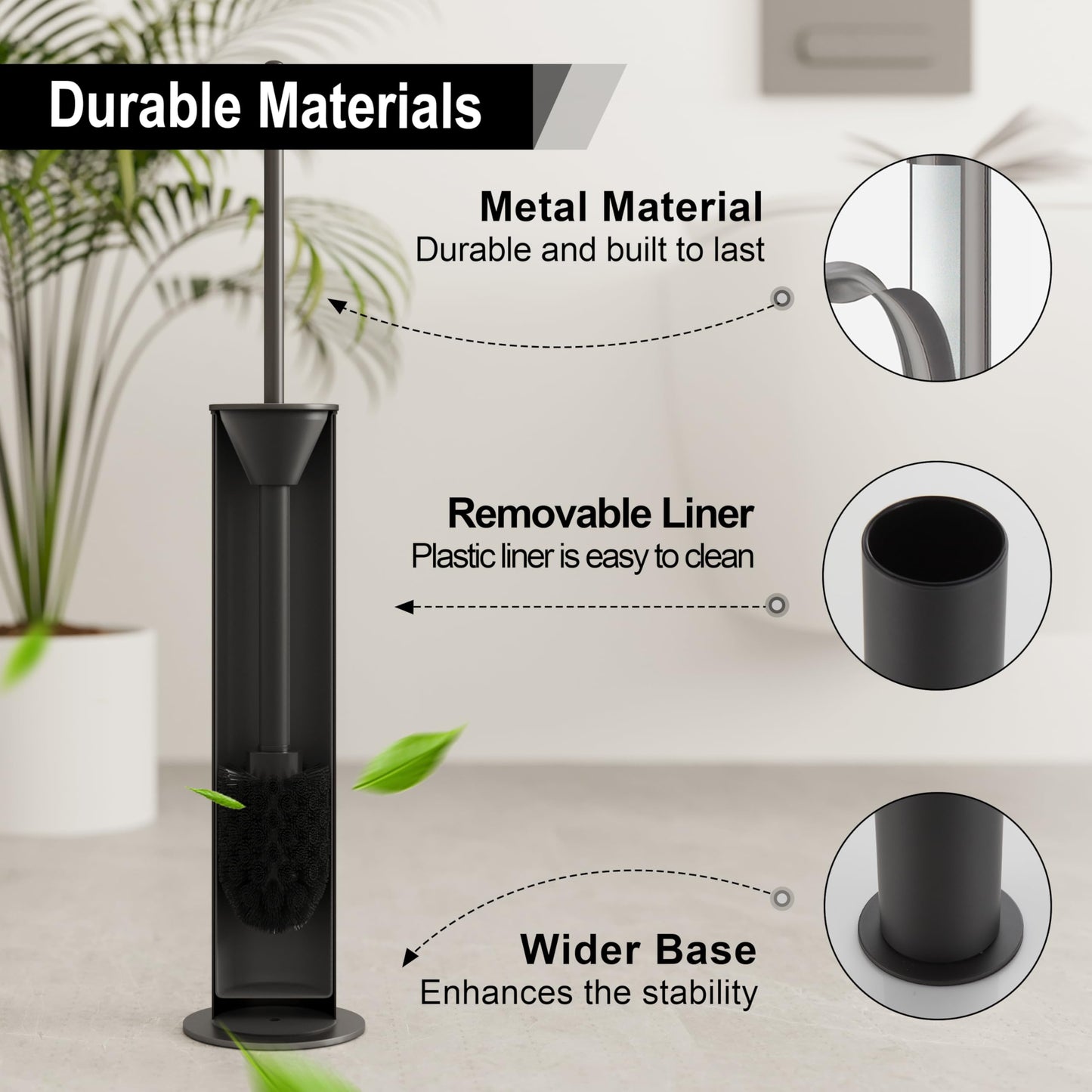 BVL Toilet Brush, Grey, Metal Toilet Brush Including 2 Brush Heads, Slim Design Toilet Brush Round for the Bathroom