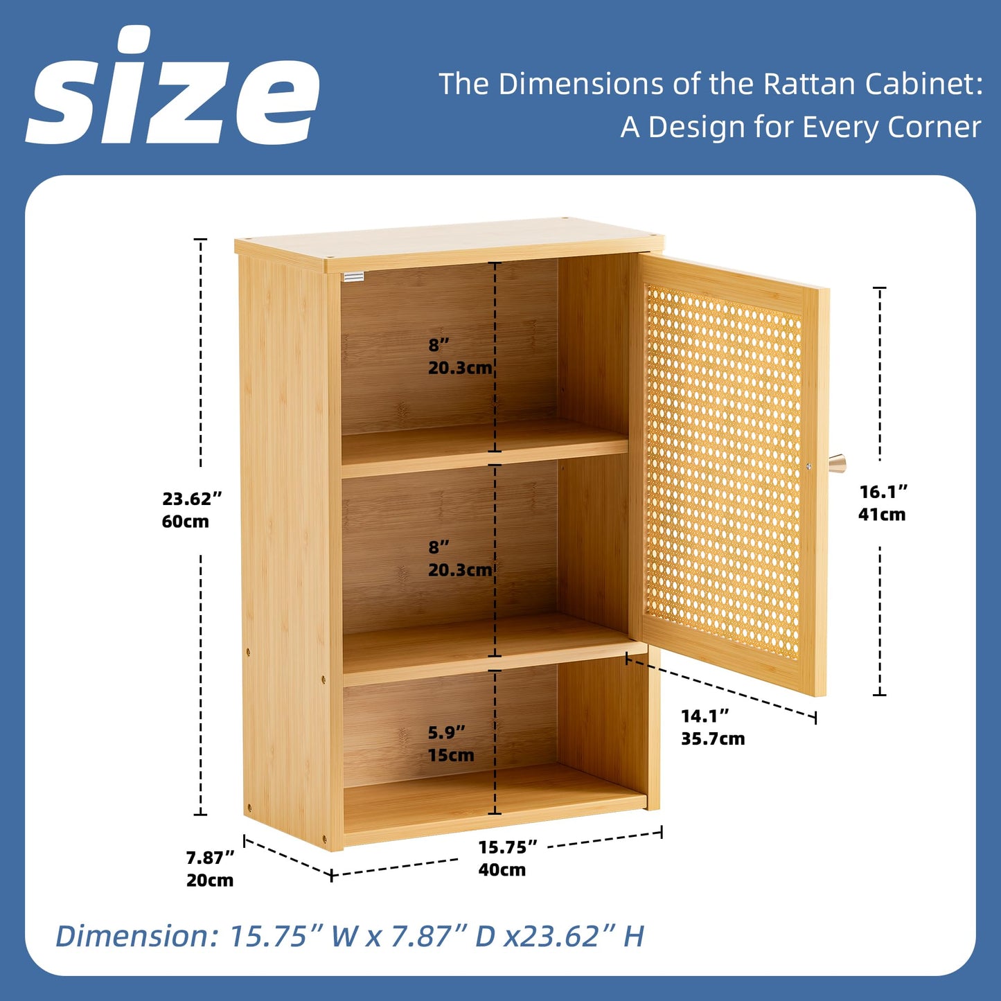 HITNET Bathroom Wall Cabinet, Rattan Medicine Cabinet, Bamboo Hanging Storage Organizer Over the Toilet with Adjustable Shelf for Living Room