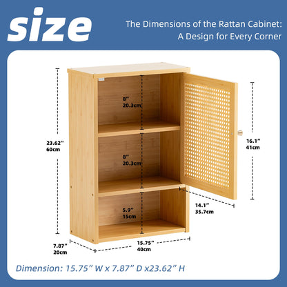 HITNET Bathroom Wall Cabinet, Rattan Medicine Cabinet, Bamboo Hanging Storage Organizer Over the Toilet with Adjustable Shelf for Living Room