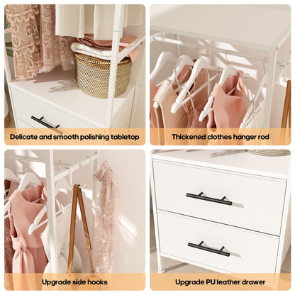 MYGIIVOVO Open Wardrobe, Clothes Rail with Drawers for Bedroom, with 2 White Fabric Drawers, 4 Side Hooks and Metal Frame 30D x 50W x 172H cm