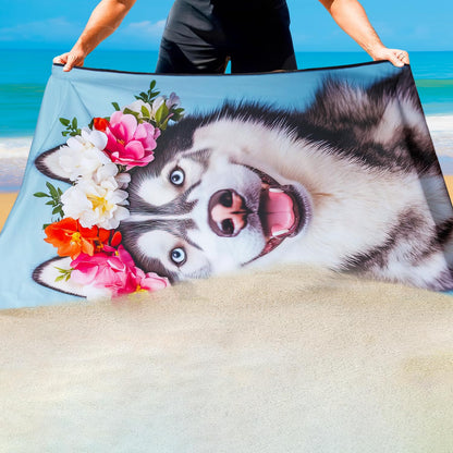 Violetpos Floral Wreath Husky Beach Towel for Dog Lovers, Extra Large 180x90 cm 250GSM Microfibre, Sand Free Quick Dry