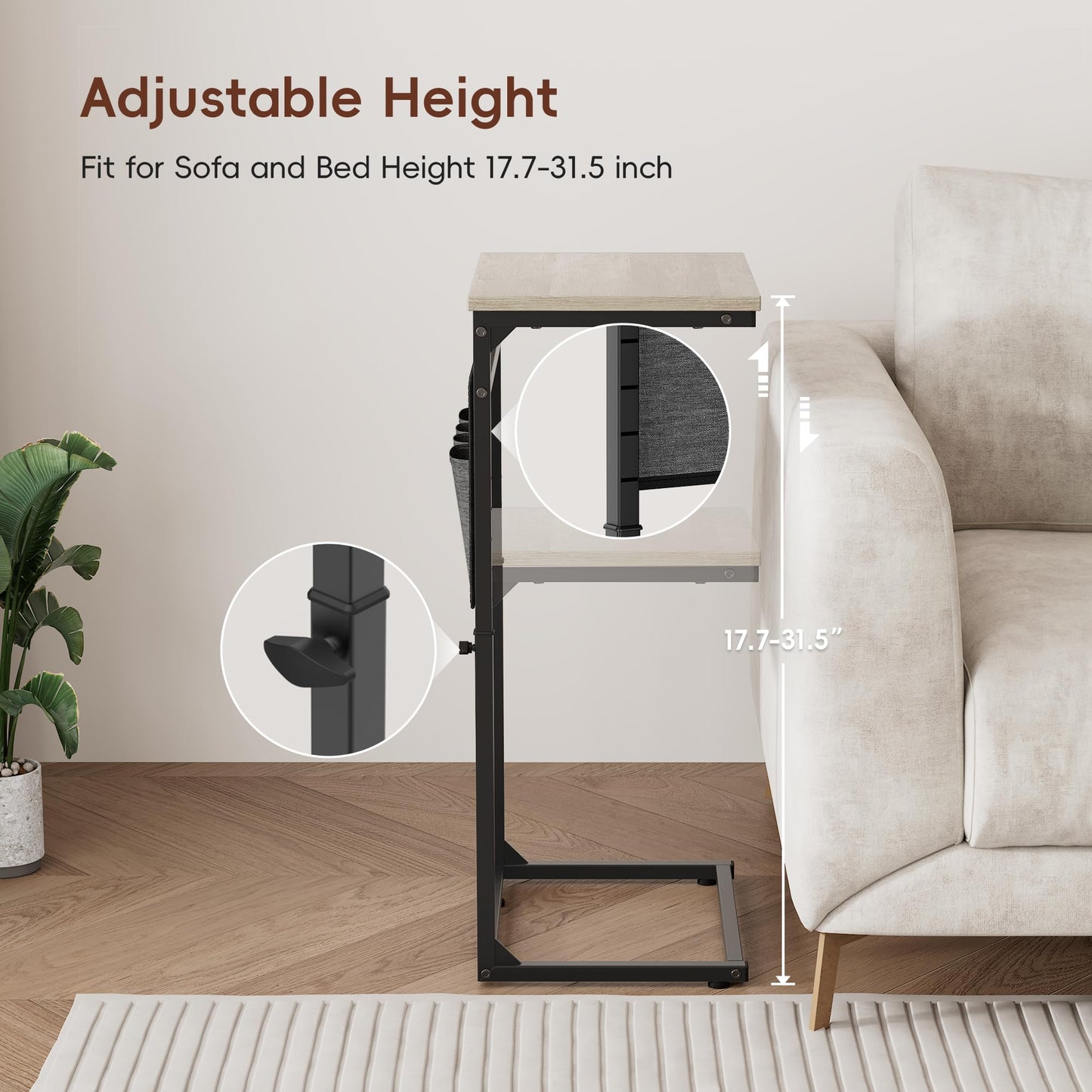 Vagusicc C-Shaped Side Table, Height Adjustable Sofa Side Table, Bedside Table with Cloth Storage Bag, C Table, End Table for Small Spaces
