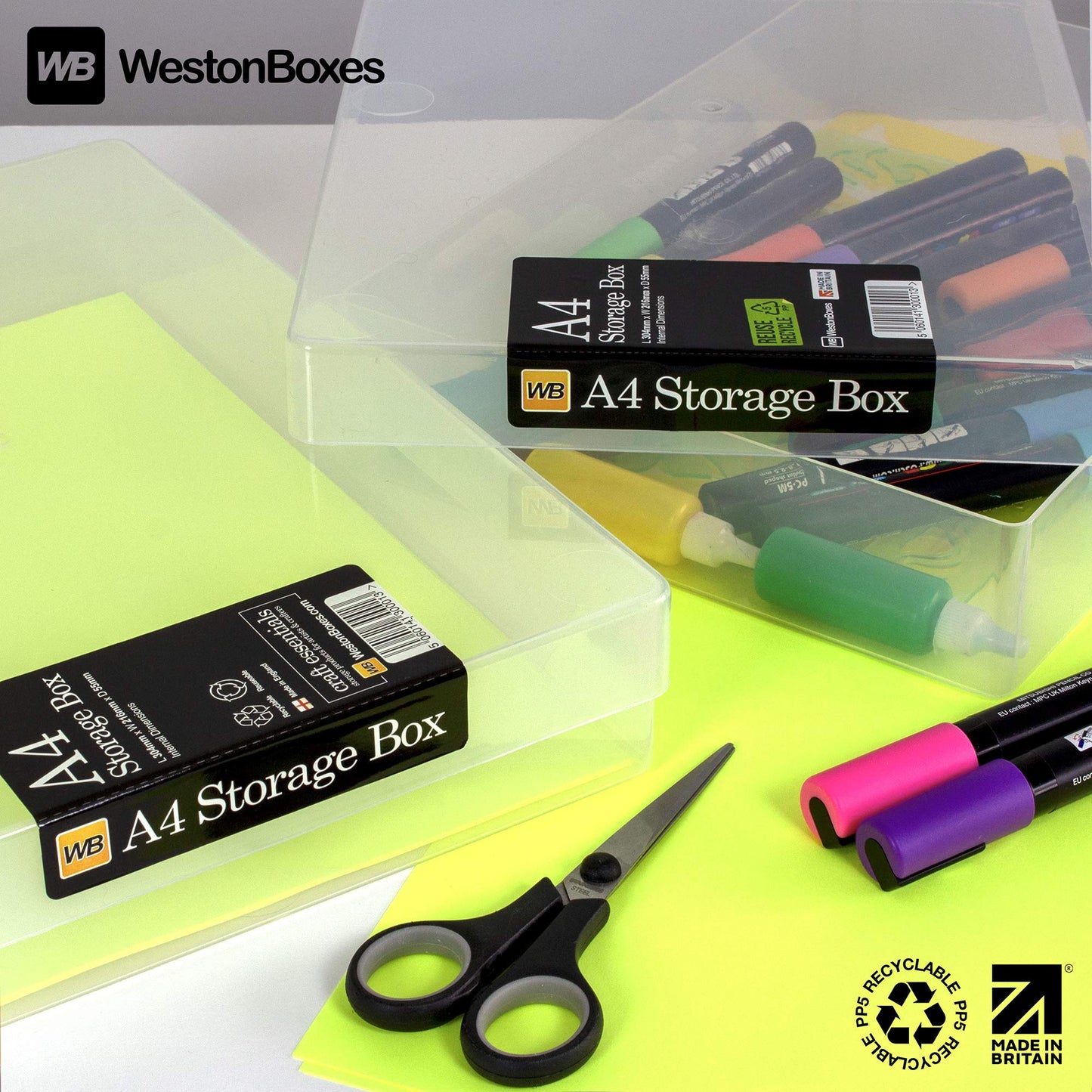 WestonBoxes A4 Transparent Plastic Craft Storage Boxes with Lids for Art Supplies, Paper and Card - 3.6 Litre Volume (Pack of 10)