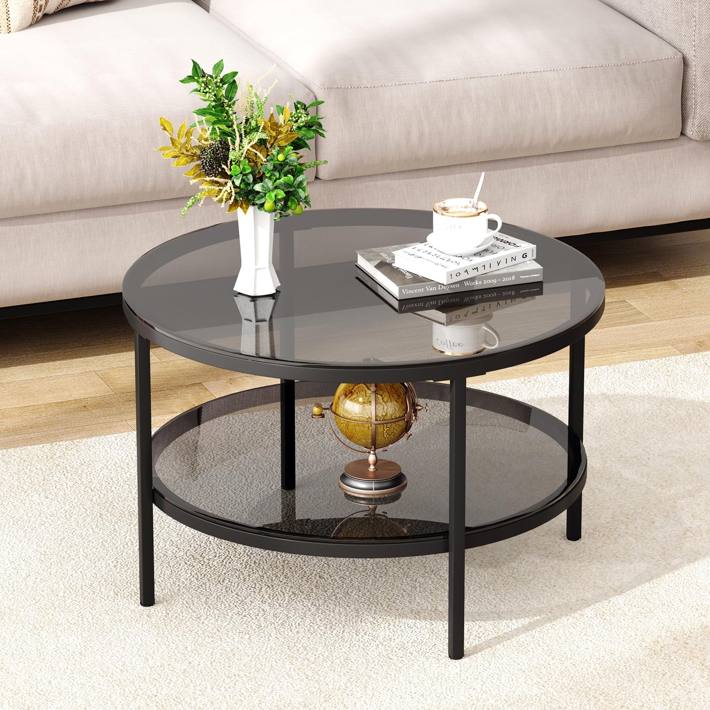 Yusong Round Glass Coffee Tables for Living Room, 2-Tier Circle Coffee Table with Storage, 66 CM Modern Center Accent Table with Light Black Glass