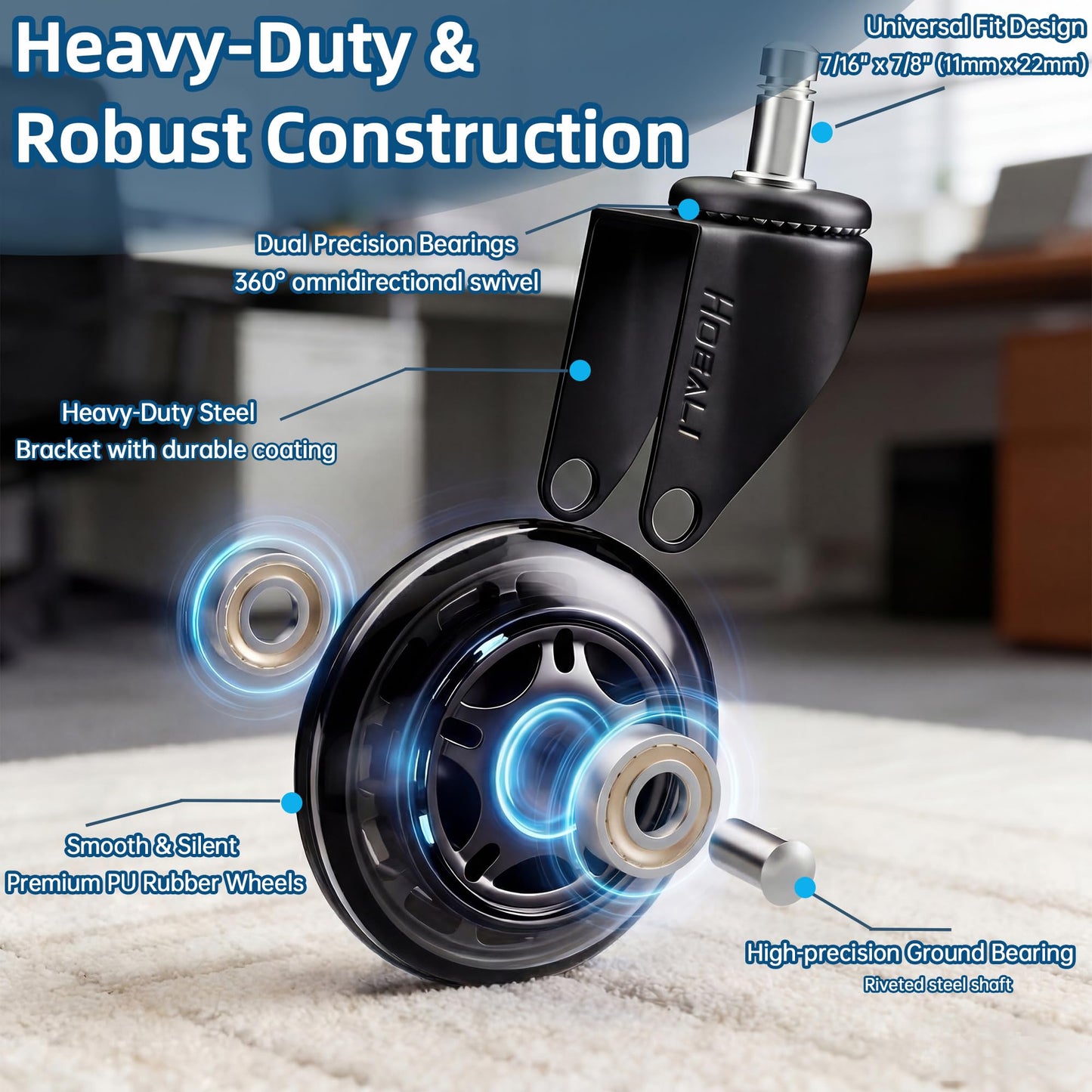 Office Rubber Chair Casters Replacement, 3 Inch Heavy-Duty Computer Gaming Desk Caster Wheels Smooth & Safe Rolling for All Floors Including Hardwood
