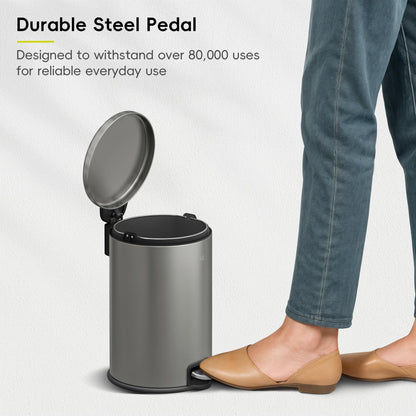 EKO Serene Step Bin, 3L Round Small Trash Can with Removable Inner Liner for Bedroom & Bathroom, Pedal Bin for Rubbish and Waste, Titanium Grey