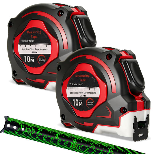 2 Pack Tape Measure 10 Metre, Fluorescent Durable Self-Locking Retractable Measuring Tape with Easy-Read Double-Sided Scale, 25mm Wide Stainless Steel