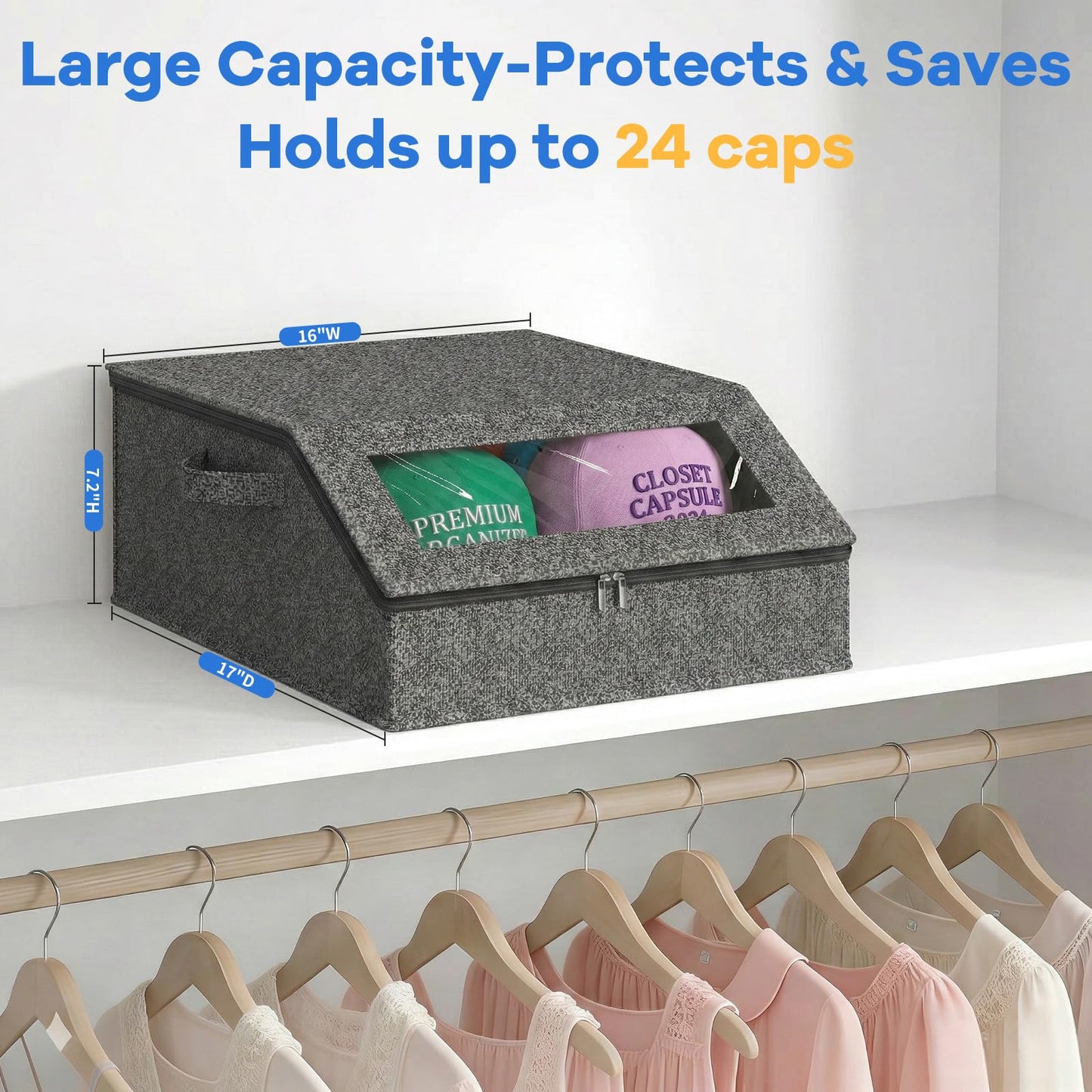 AURIVISTA Hat Storage Box for Baseball Caps, Holds up to 24 Caps,Gray
