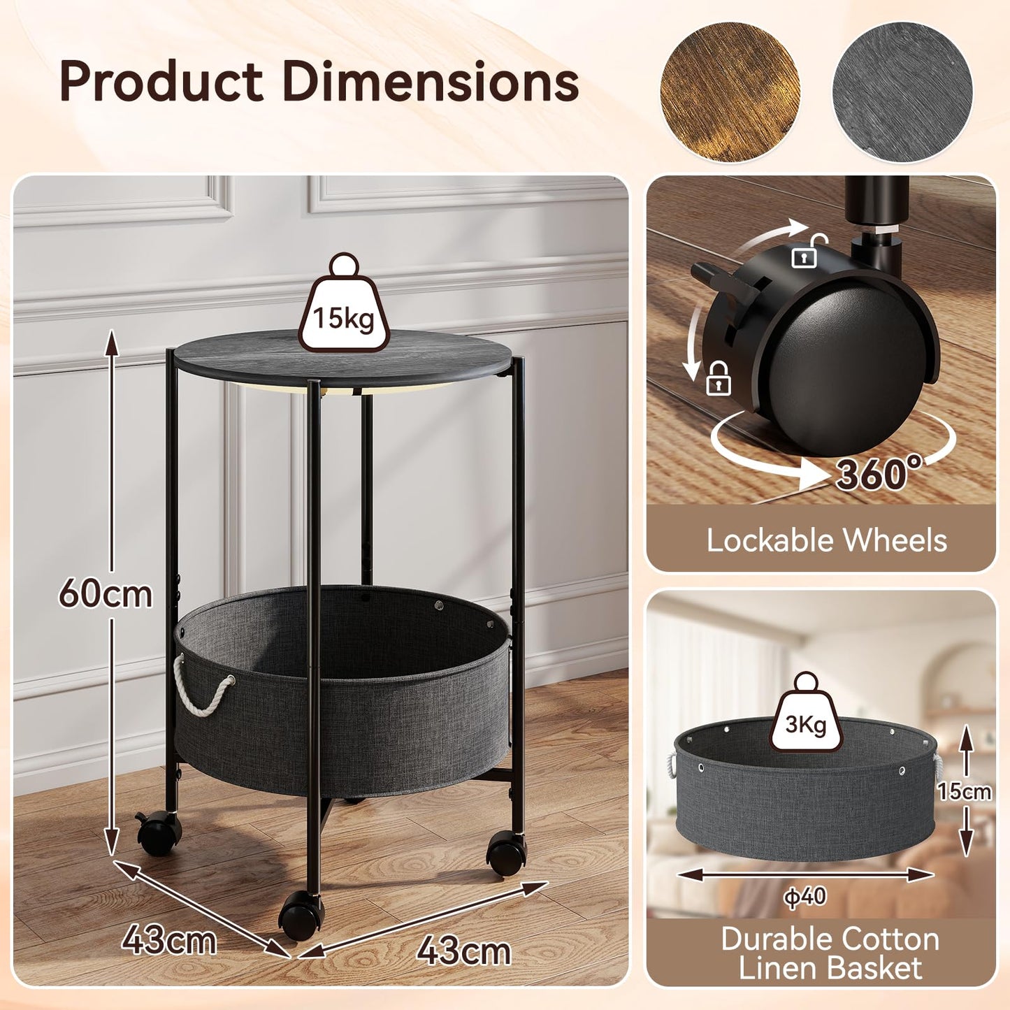 ARTETHYS Side Table, Small Side Coffee Tables for Living Room, End Table with LED Lights, Wheels, Storage Basket, Bedside Sofa Tables for Bedroom