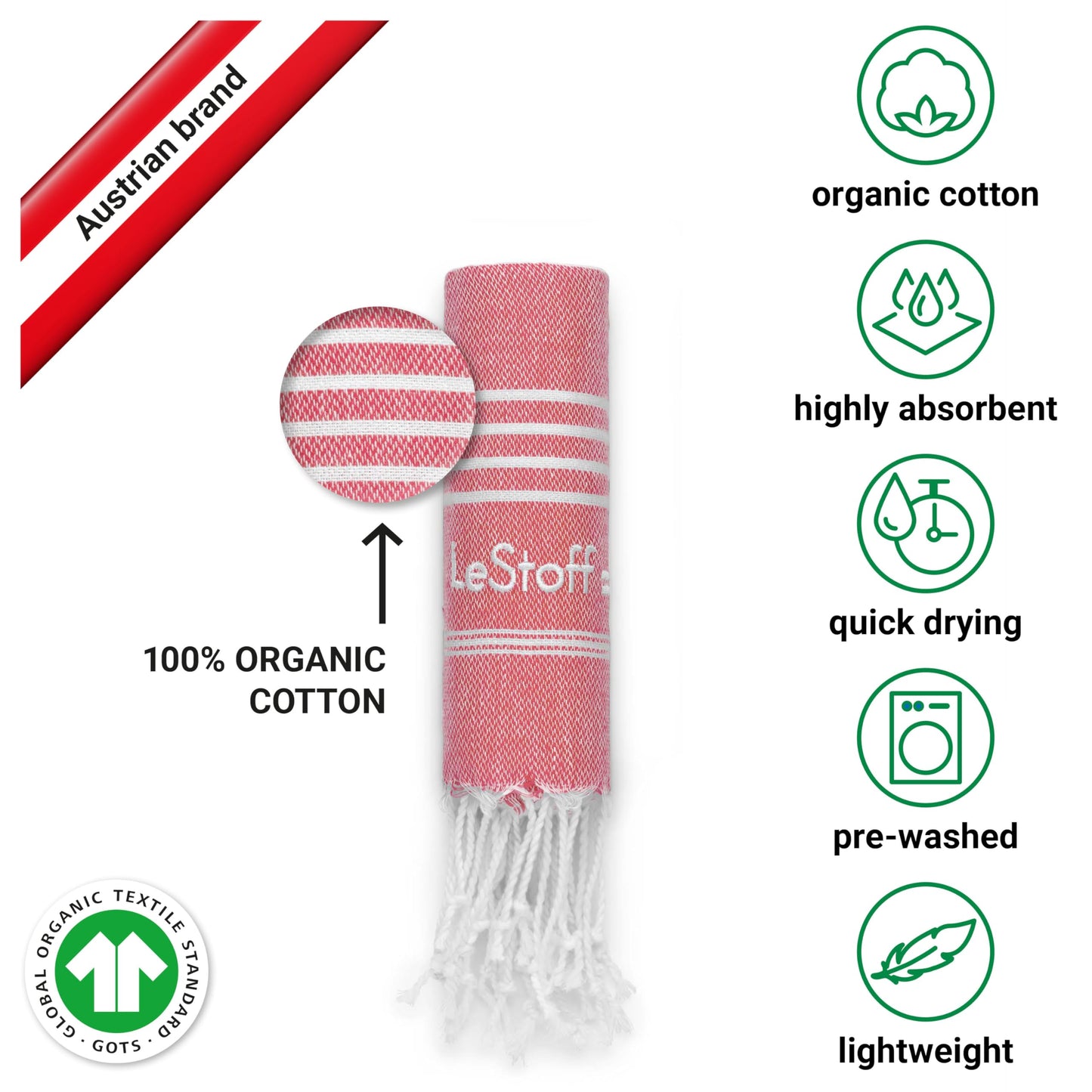 LeStoff Hammam Towel, Guest Towel, 100% Organic Cotton, 50x100 cm, Red