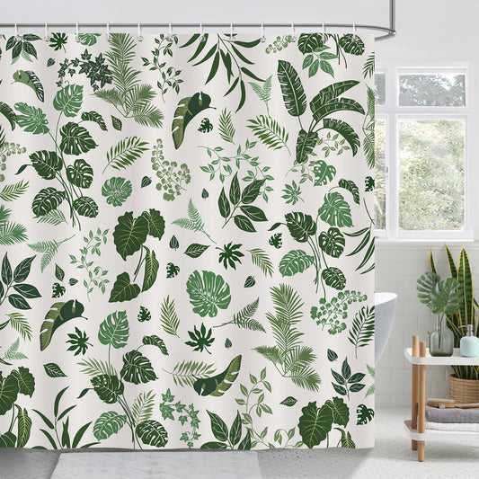 Bonhause Green Leaf Shower Curtain, Tropical Jungle Leaves Plant Modern Bathroom Curtain 180 x 180 cm Waterproof Mildew and Mould Resistant Polyester