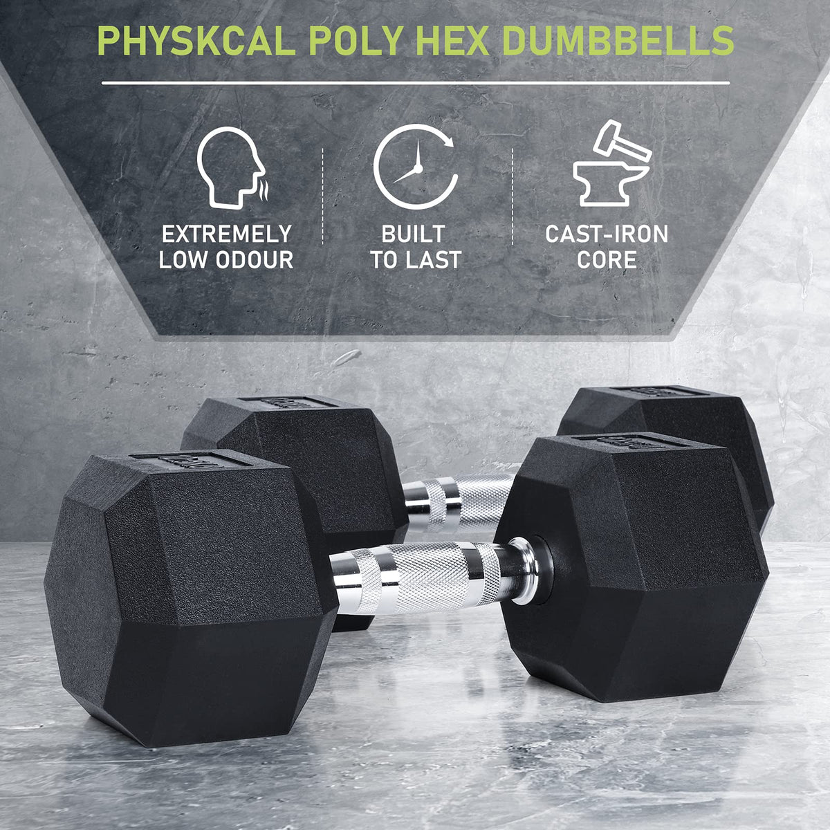 PhysKcal Hex Dumbbells 20kg Single, Odourless Poly Rubber Encased Dumbbells Set 2.5KG 5KG 7.5KG 10KG 12.5KG 15KG 20KG Home Gym Weights Set