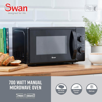Swan SM4420BLK Manual Microwave with 5 Power Levels, 35 Minute Timer, 700W, 20L, Black