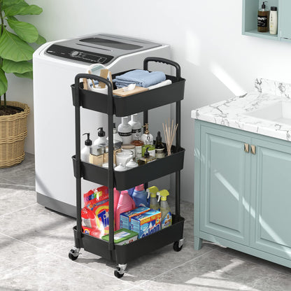 Sywhitta 3-tier Plastic Storage Trolley on Wheels, Kitchen Storage Utility Cart, Rolling Storage Rack for Bedroom, Bathroom, Office, Black