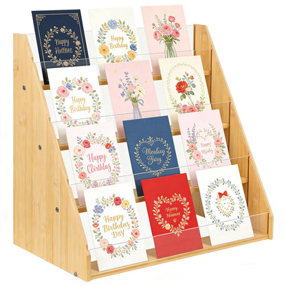Worephu Premium 4-Tier Bamboo Acrylic Card Rack, Space-Saving Display Stand for Postcards, Greeting Cards, Brochures & Picture
