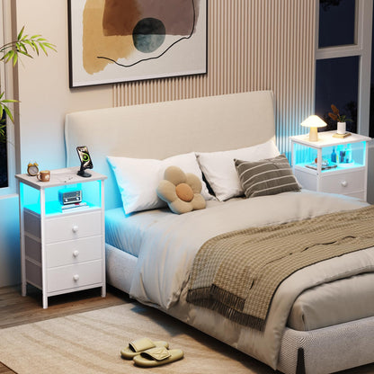 LOAKEKEL Bedside Table with Charging Station, Side Table with 3 Drawers