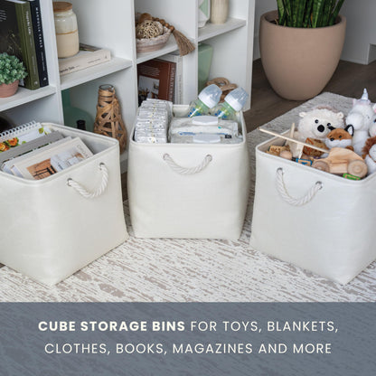 OrganiHaus Fabric Storage Boxes, Set of 3 Foldable 33X33 Cube Organiser Bins with Rope Handles for Shelves, Nursery & Closet