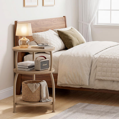 Yuede 3 Tier Side Table, Round Coffee Table, End Table with Storage Shelf, Bedside Table, for Living Room, Bedroom, Metal Frame, 40 x 61 cm, Oak Gray