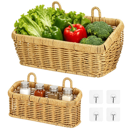 2 Pcs Wall Hanging Basket Set, Rattan Storage Basket with Hooks,2 sizes for kitchen bathroom garden