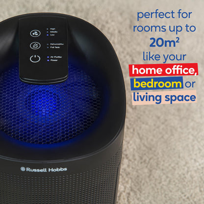 Russell Hobbs RHDH1101B Ozone Free, 750ml/day 2 in 1 Black Dehumidifier/Air Purifier, 20m2 Room Size, LED Lighting & Captures Bacteria, for Home,