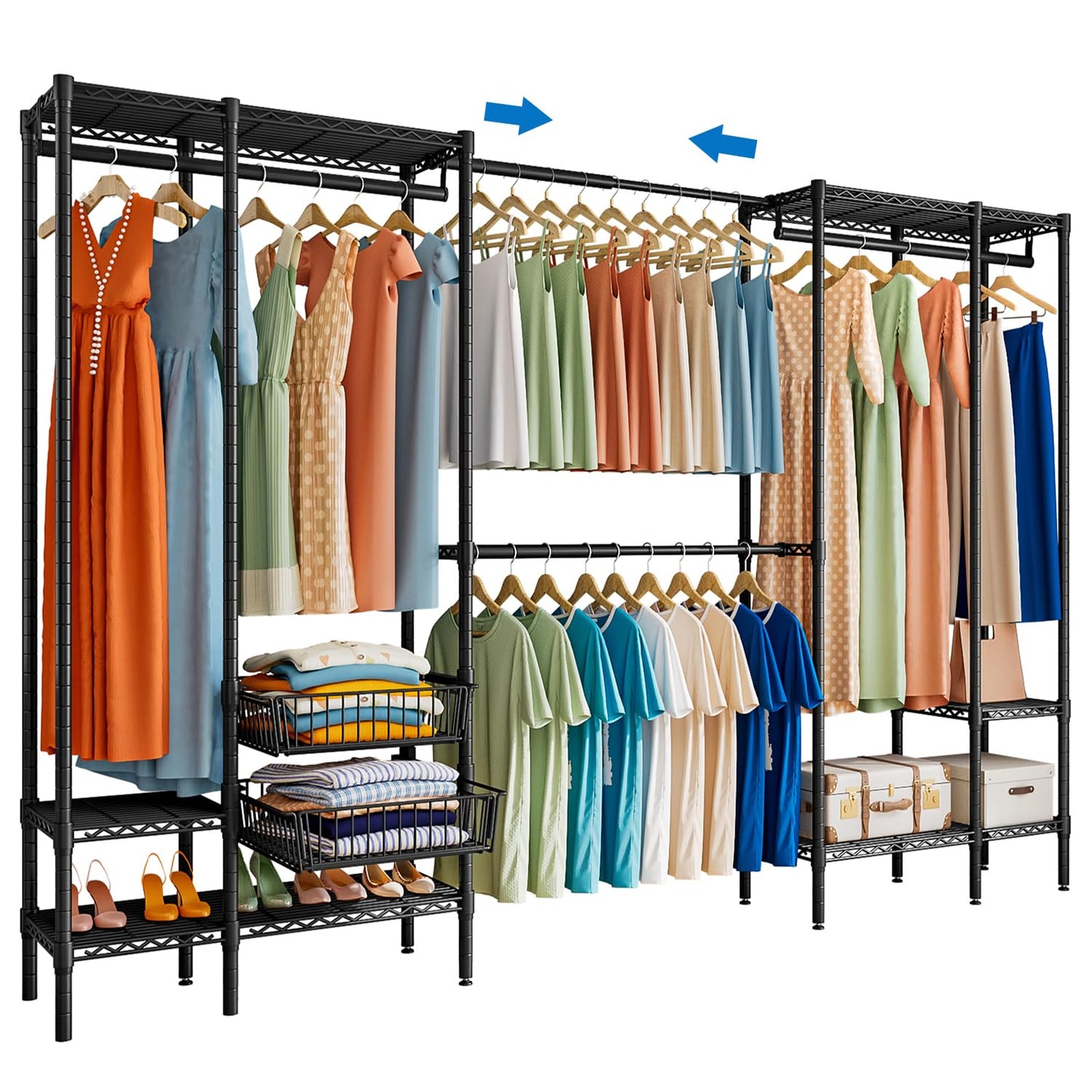 KZOBYD Extendable Clothes Rails with Pull-out Baskets, Length 98-115 inch