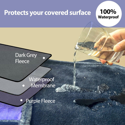 YISURE Waterproof Reversible Blanket for Bed, Leakproof Squirt Love Queen Size Blanket for Adults, King Size 90"x80" (Grey/Purple)
