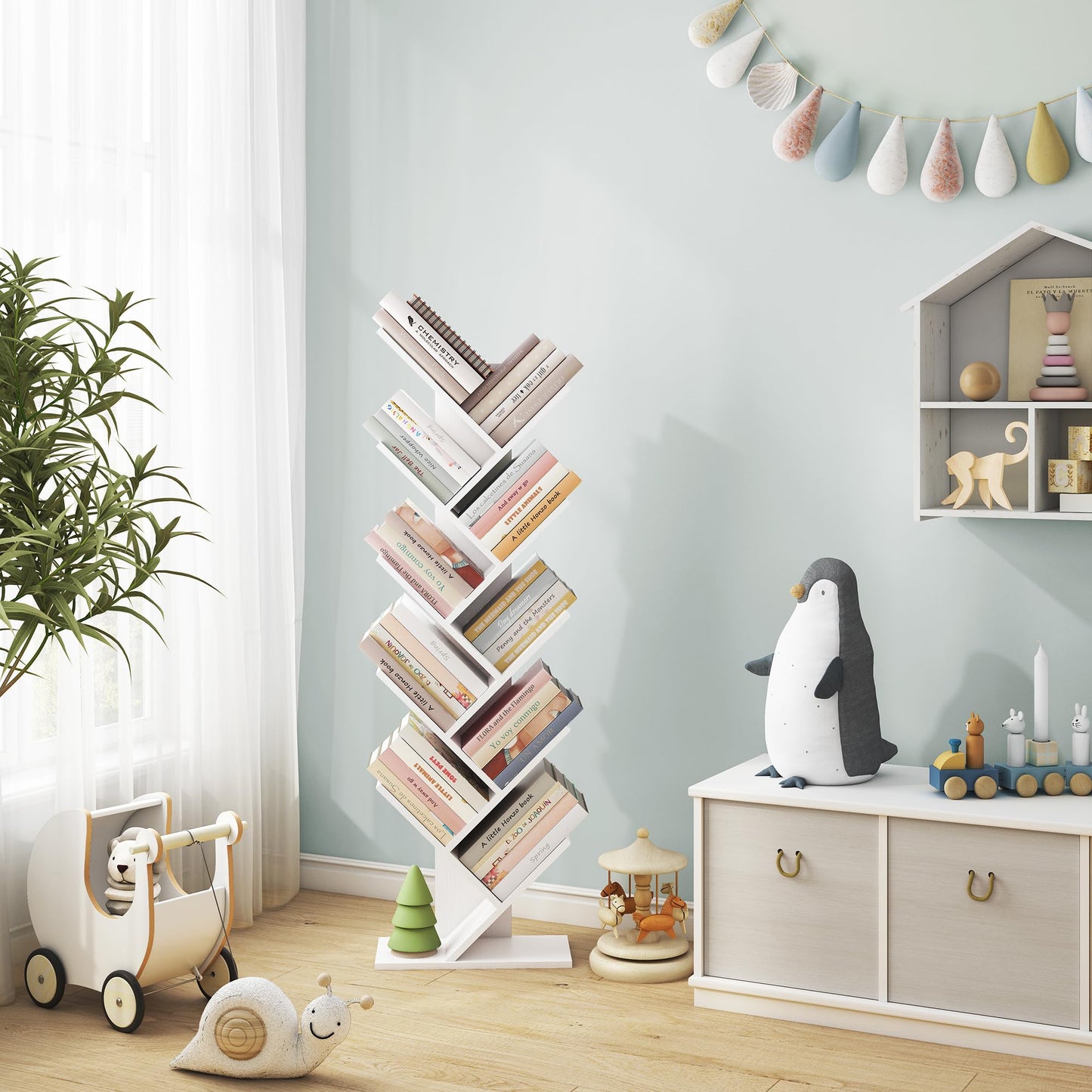 Hoctieon 10 Tier Tree Bookshelf, 10 Shelf Bookcase, Free Standing Tree Bookcase, Display Floor Standing Shelf for Books