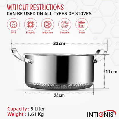 INTIGNIS Stainless Steel Casserole with Lid, 5 Liter, 24 cm  Non-Stick, Anti-Scratch, Dishwasher & Oven Safe, Induction Hob Compatible,
