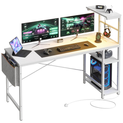 Bestier 155CM Corner Desk with Power Outlets Large Computer Desk with LED Lights Reversible Writing Table with Side Pocket Storage Bag & Accessories