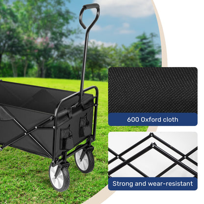 YSSOA Folding Garden Cart PRO, Collapsible Camping Wagon with 360 Degree Swivel Wheels & Adjustable Handle,100kg Weight Capacity,Black
