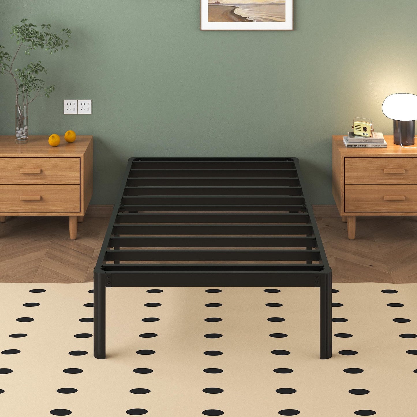 Lutown-Teen Metal Bed 80 x 190 cm with Round Legs, 36 cm Height Bed Frame Single Bed with Metal Slatted Frame, Black