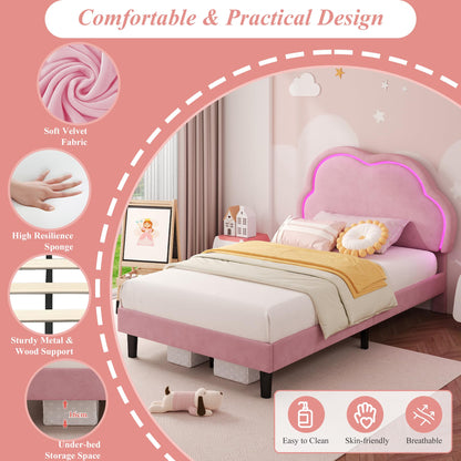 Ball & Cast 3ft Single Upholstered Bed with LED Adjustable Cute Cloud Headboard, Soft Velvet Bed Frame with Solid Wood Slat, No Box Spring Needed