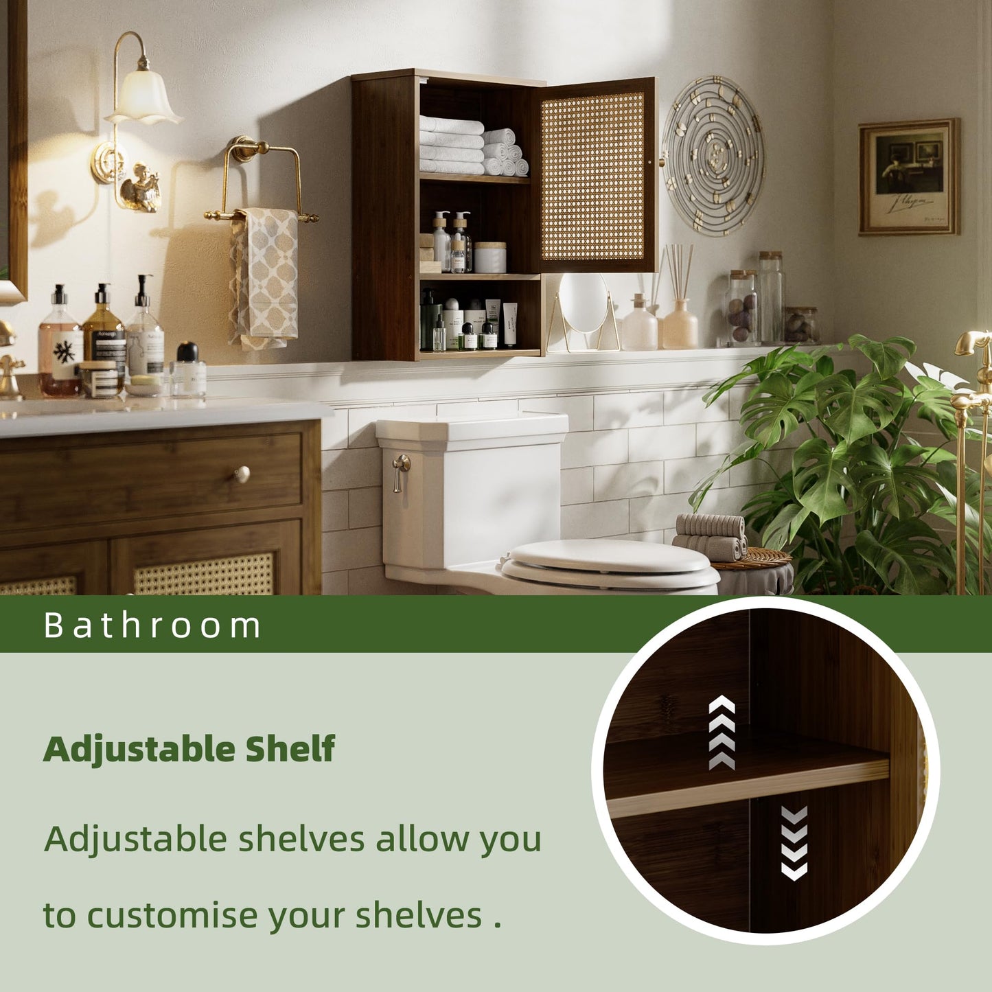 vovala Bathroom Wall Cabinet, Bamboo Over-The-Toilet Storage Organizer with Rattan Doors and Adjustable Shelf