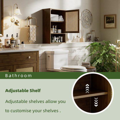 vovala Bathroom Wall Cabinet, Bamboo Over-The-Toilet Storage Organizer with Rattan Doors and Adjustable Shelf