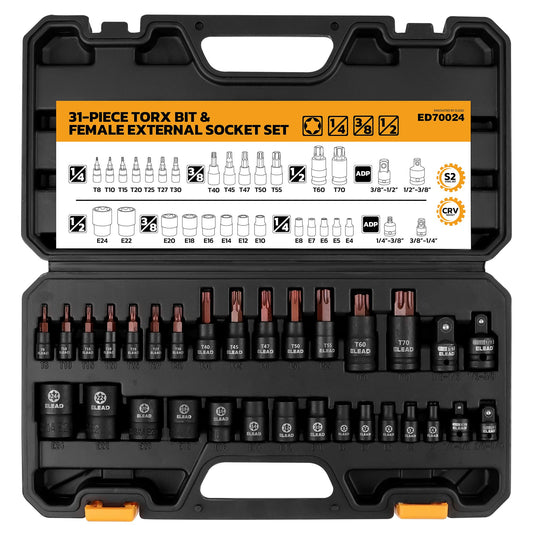 31-Piece Torx Bit Socket Set: Premium CR-V & S2 Alloy Steel, Star T8-T70 & E-Torx E4-E24, High Torque Laser Marked for Automotive Mechanic