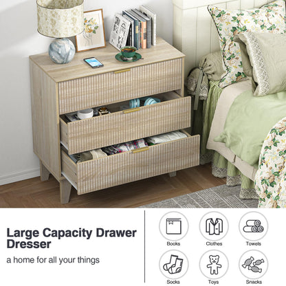 Yvsevnr Fluted Bedroom Chest of 3 Drawers Wooden Fluted Closet Dressers Anti-Tipping Large Nightstand Bedside Storage Cabinet Unit Clothes Storage