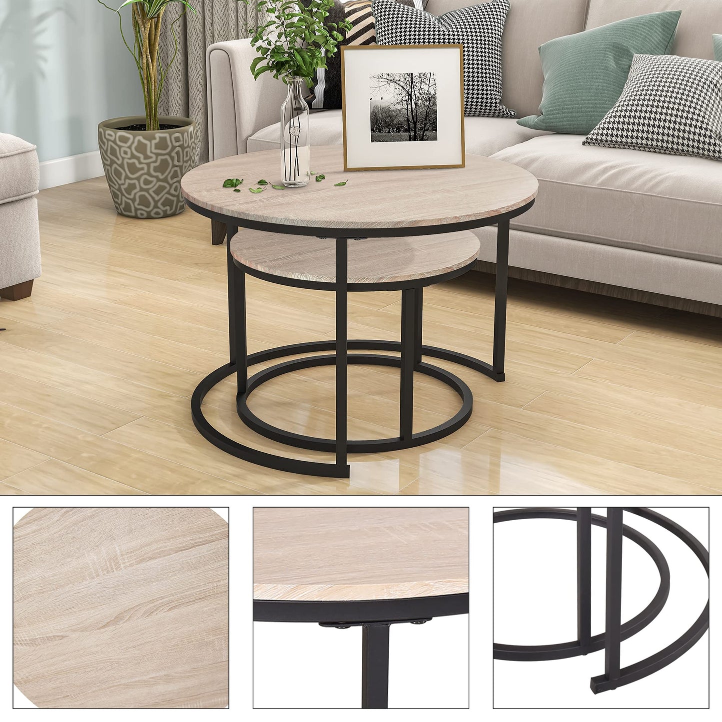 HOJINLINERO Black Round Coffee Table Set of 2 Side/End Table for Living Room, Bedroom Decorations