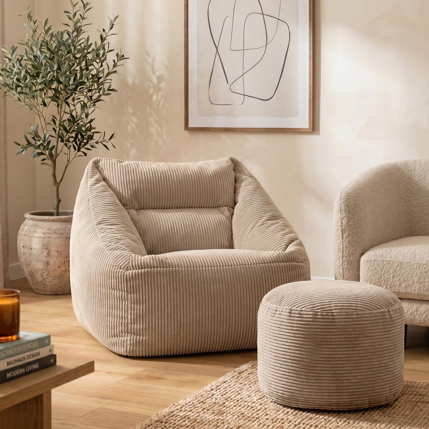 icon Natalia Cord Bean Bag Chair & Footstool with Filling Included, Beige