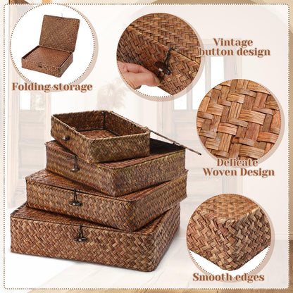 Didaey Set of 4 Seagrass Basket with Lid Wicker Storage Basket Decorative Storage Boxes with Lids Flat Storage Bins Woven Organizer Baskets for Shelf