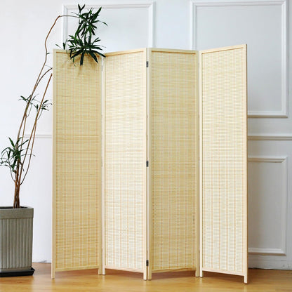 Furnnylane 4 Panel Bamboo Room Divider and Folding Panel Screen,Bamboo Panel Divider for Room Separation,Beige,170 cm H x 156 cm W