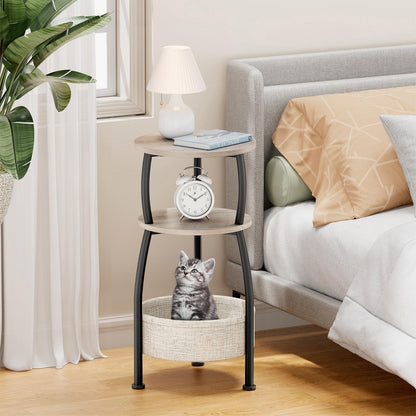 Yuede Round Side Table, 3 Tier Bedside Table, Small End Table with Fabric Basket, Coffee Table for Living Room, Bed Room, Small Space, Easy Assembly