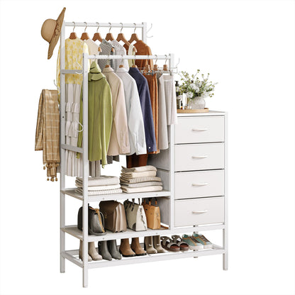 Feonase 3 in 1 Chest of Drawers Bedroom, Including 4 Fabric Drawers, with a 2 Coat Rail and 5 Coat Hooks