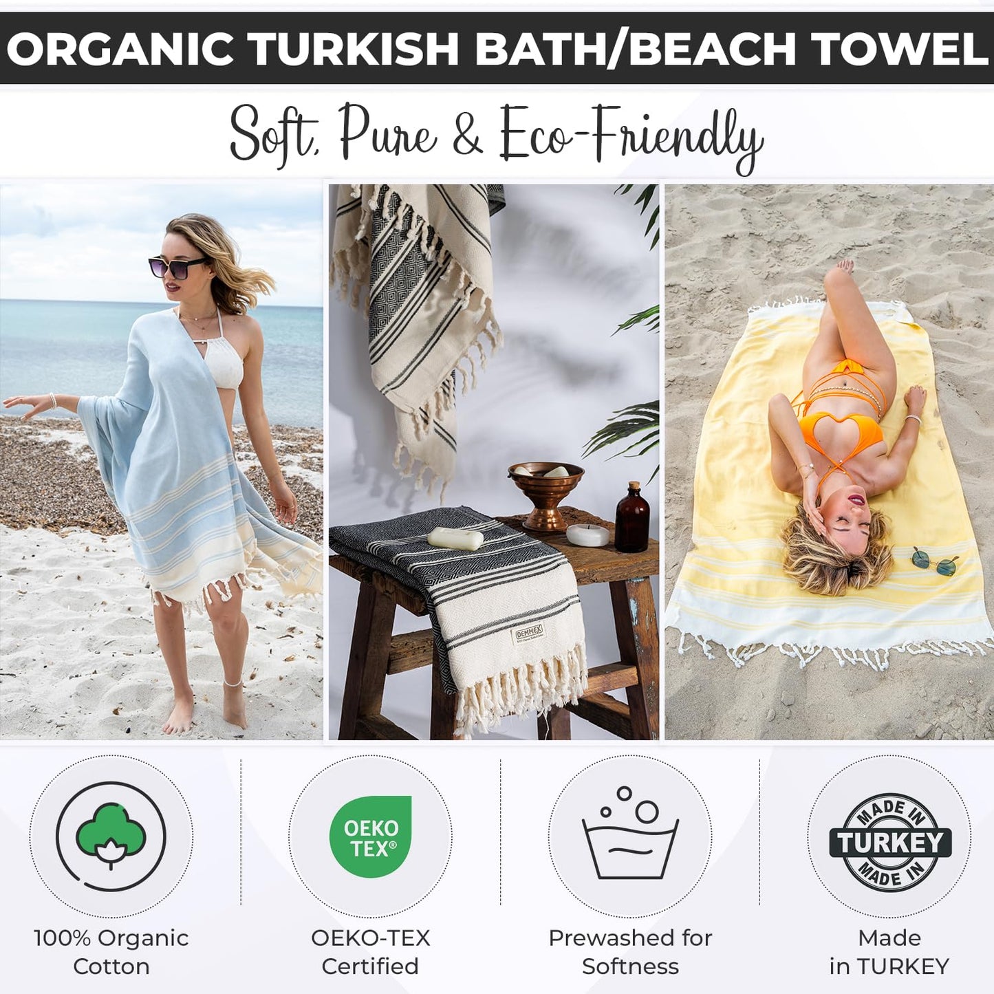 DEMMEX Organic Turkish Cotton Beach Bath Hammam Towel – Quick-Dry, Lightweight, Sand-Free Beach Towel & Blanket
