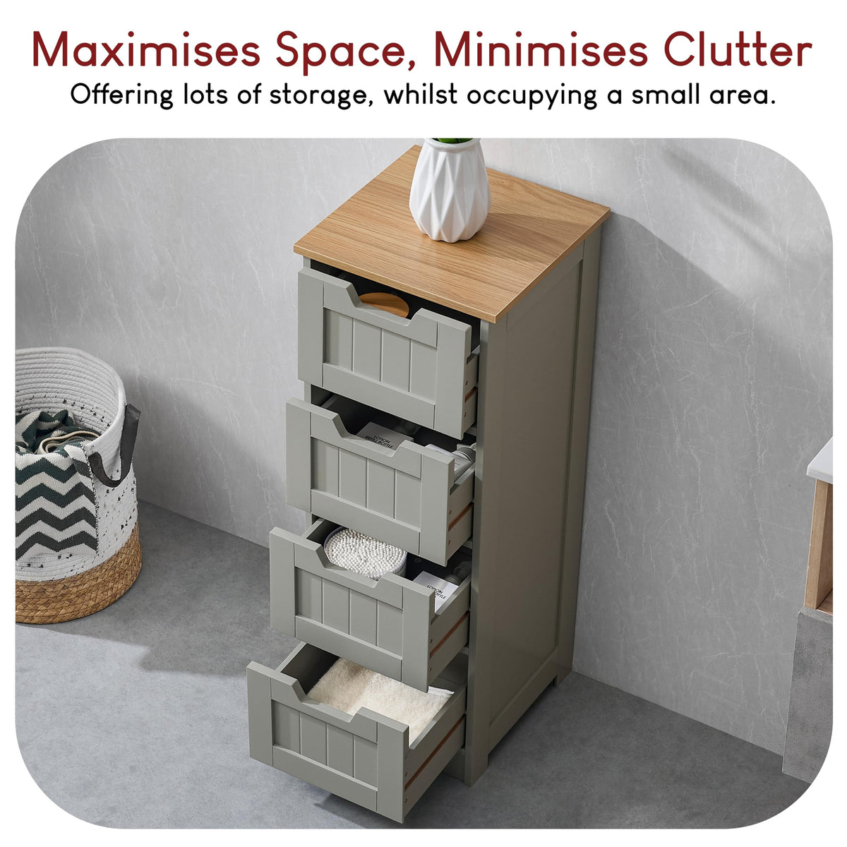Bath Vida Priano Freestanding 4 Drawer Bathroom Storage Cabinet, Grey & Oak