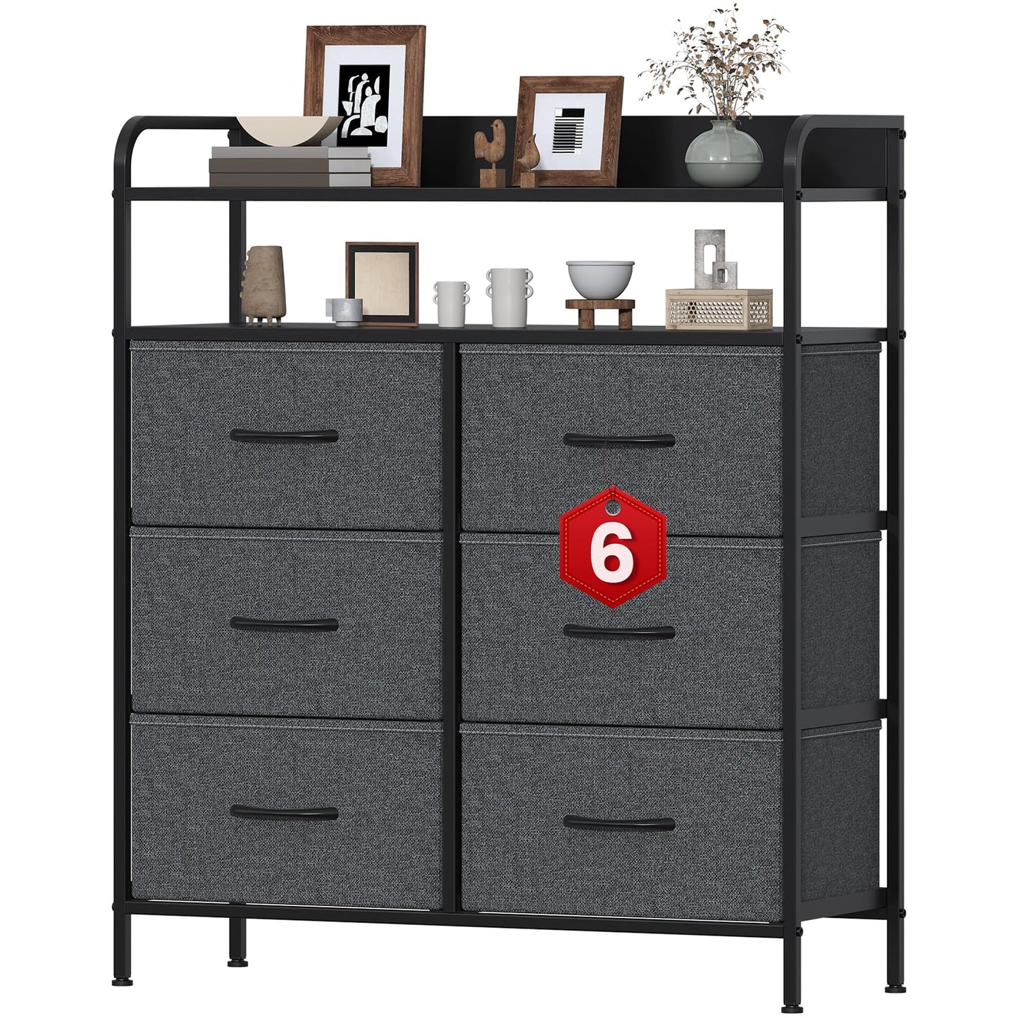 Feonase 6 Drawer Fabric Chest Of Drawers, Double Wooden Top Fabric Storage Tower - Sturdy Steel Frame Dresser for Bedroom/Living Room/Baby Room