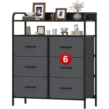 Feonase 6 Drawer Fabric Chest Of Drawers, Double Wooden Top Fabric Storage Tower - Sturdy Steel Frame Dresser for Bedroom/Living Room/Baby Room