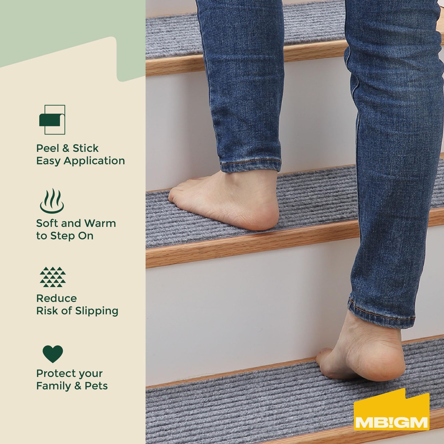 MBIGM 8" X 30" (15-Pack) Non-Slip Carpet Stair Treads Non-Skid Safety Rug Slip Resistant Indoor Runner for Kids Elders and Pets with Reusable