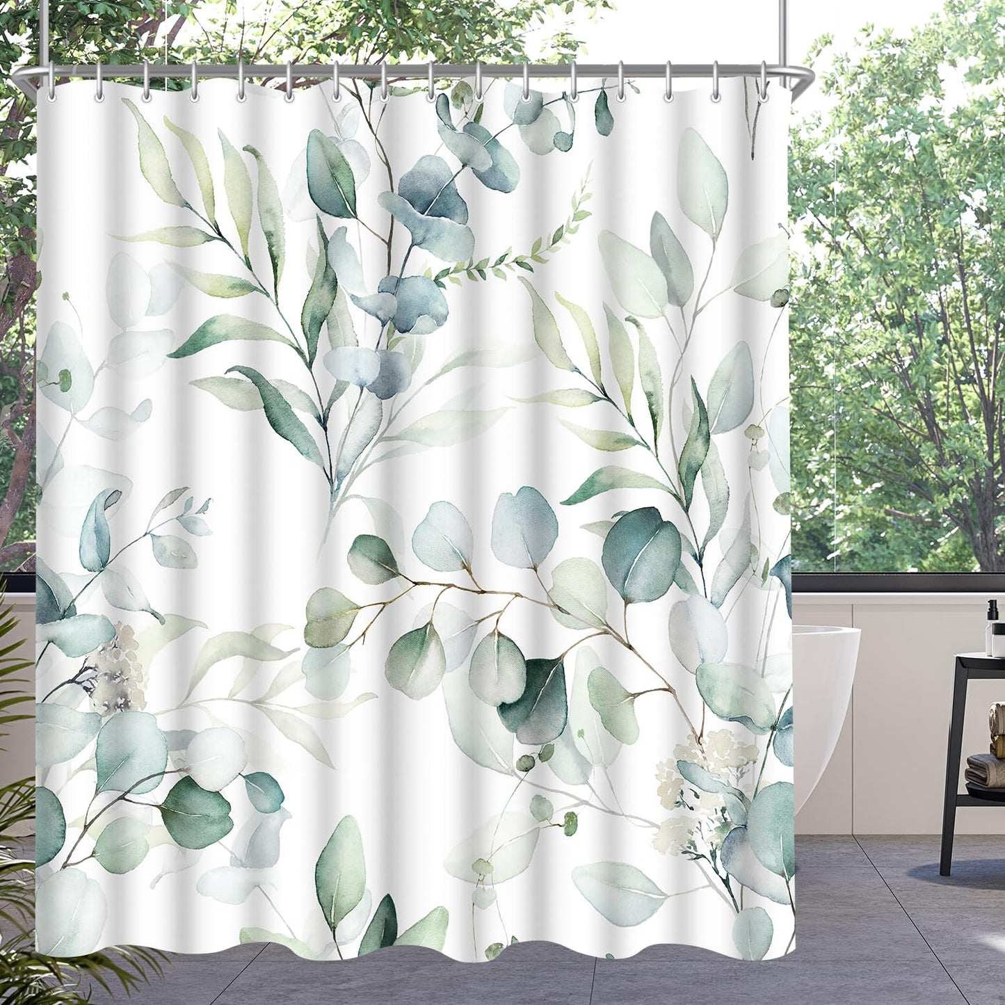 Lerores Shower Curtain, 240 x 200 cm, Leaf, Weighted Hem, Anti-Mould Textile, Water-Repellent, Washable Polyester Bath Curtains with 16 Eyelets and