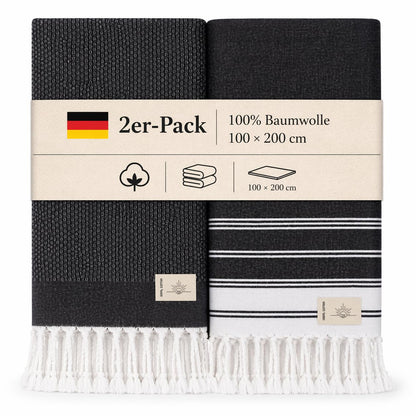 NOUR Premium 100% Cotton Turkish beach towel, Pack of 2, 100 x 200 cm, Picnic Blanket, Sauna & Hammam Towels, Extra Light, Absorbent, Quick-Drying