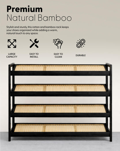 KEPLIN 4 Tier Bamboo and Rattan Shoe Organiser Rack – Eco-Friendly, Durable, Easy Assembly – Compact Design for Entryway, Closet, or Hallway